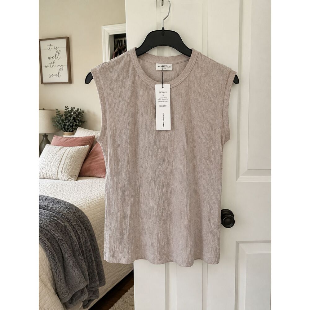 Michael Stars Lana Crew Neck Crinkle Knit Top Cement Small NWT